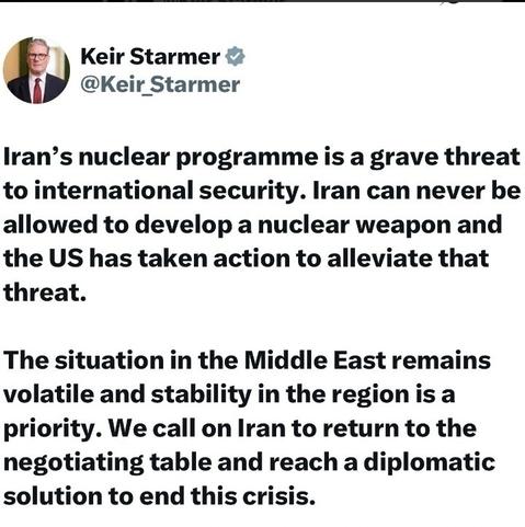 Keir Starmer saying that Iran can never be allowed to develop a nuclear weapon.