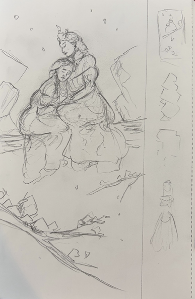 Un croquis de deux femmes assises sur une branche d'arbre couverte de cristaux de sels, se faisant un calin