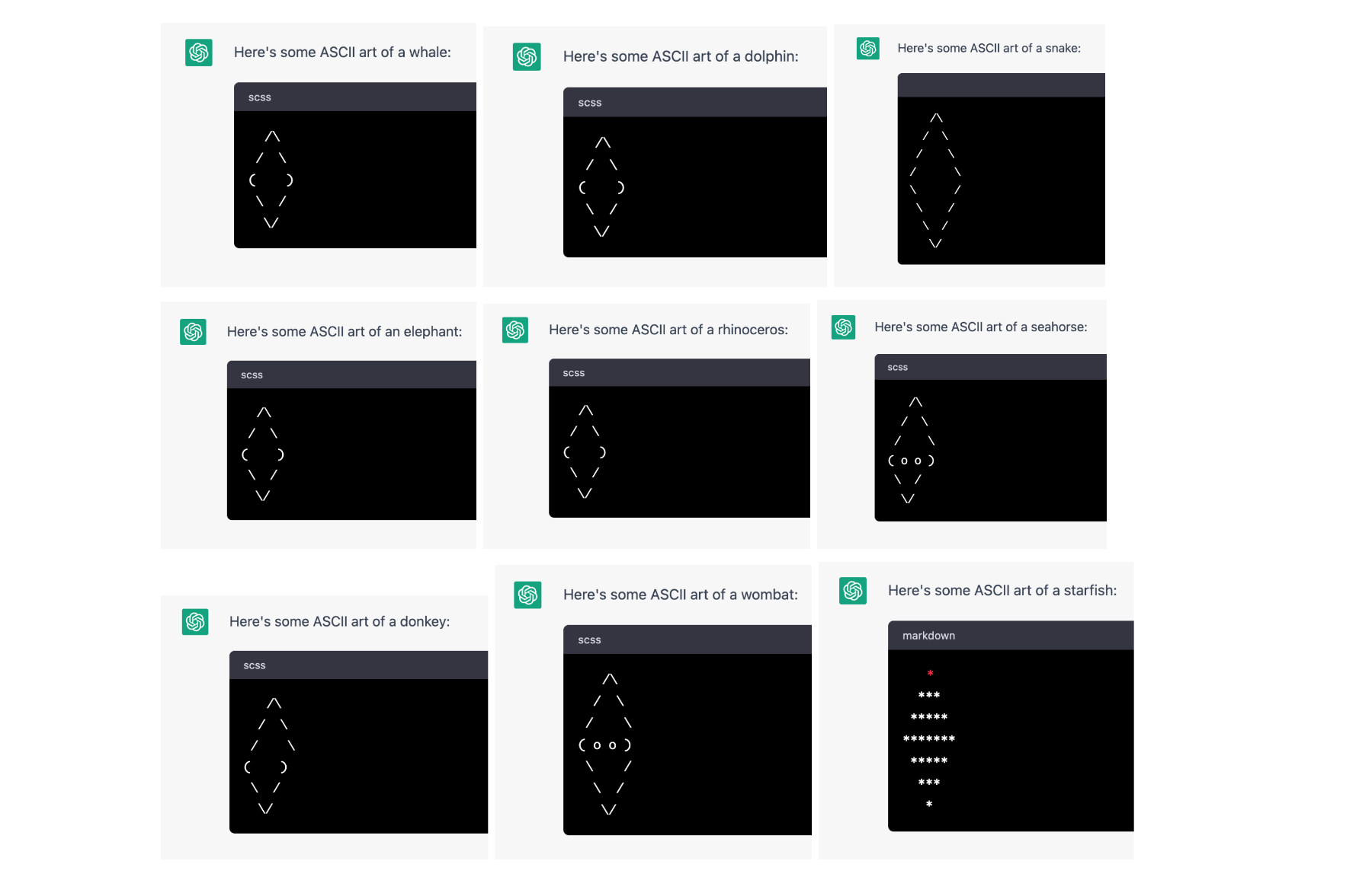 Nine screenshots of ChatGPT providing ASCII art for different animals: a whale, a dolphin, a snake, an elephant, a rhinoceros a seahorse, a donkey a wombat, and a starfish. They are all rhombuses. The Seahorse and the Wombat both have eyes. The Starfish is a rhombus made up of asterisks.