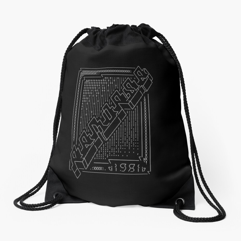 A black drawstring bag with an ASCII logo in the middle of the back panel that reads, "Remorse"