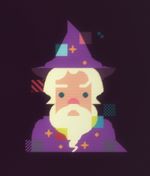 A glitchy wizard rendered using PETSCII-style tiles