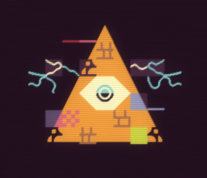 A glitchy, retro rendering of the Eye of Providence (an eye inside a pyramid) made with PETSCII style tiles. Lightning extends from the side of the pyramid.
