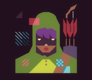 A glitchy rendering of a female hunter/ranger character rendered using PETSCII-style tiles. She wears a hooded cape and has a quiver strapped to her back containing a bow and arrows.