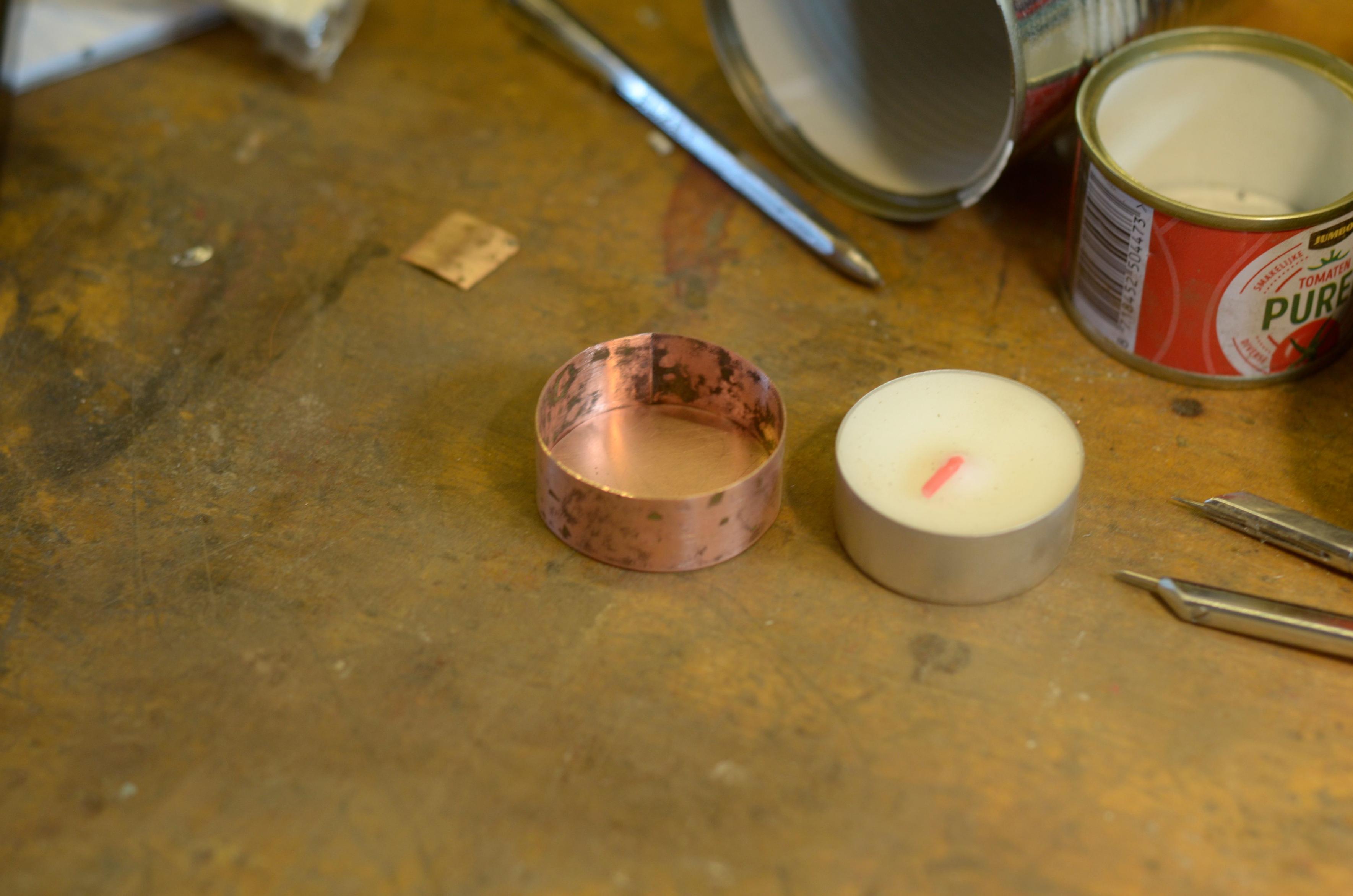 The soldered rim placed fitted around the copper disc that form the bottom, ready for soldering.