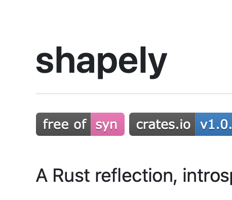 A screenshot of Shapely's README showing a badge that reads "free of syn" and the syn is hot pink.
