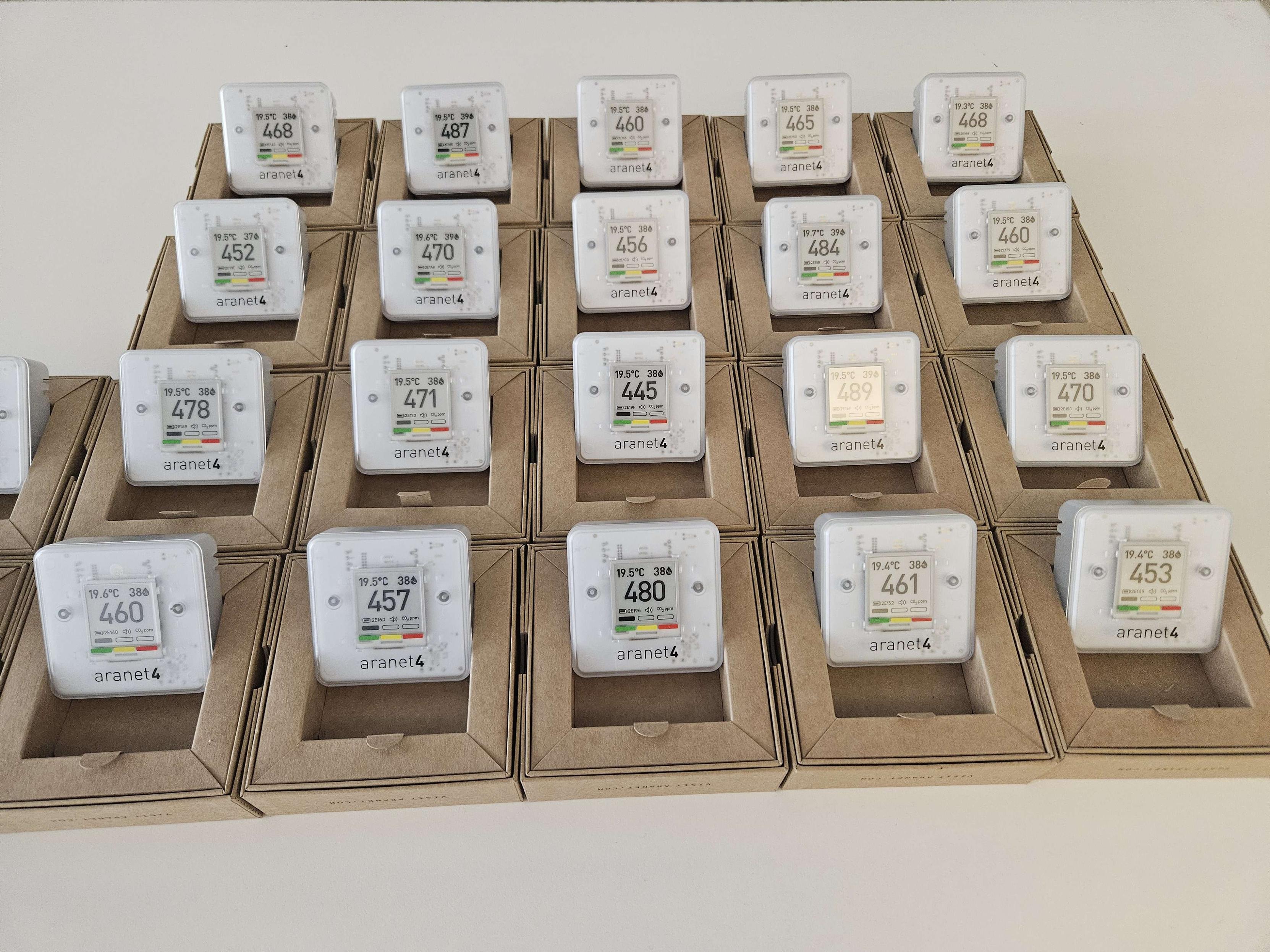 Twenty-two Aranet4 devices in their original boxes measuring roughly 480 ppm CO2.