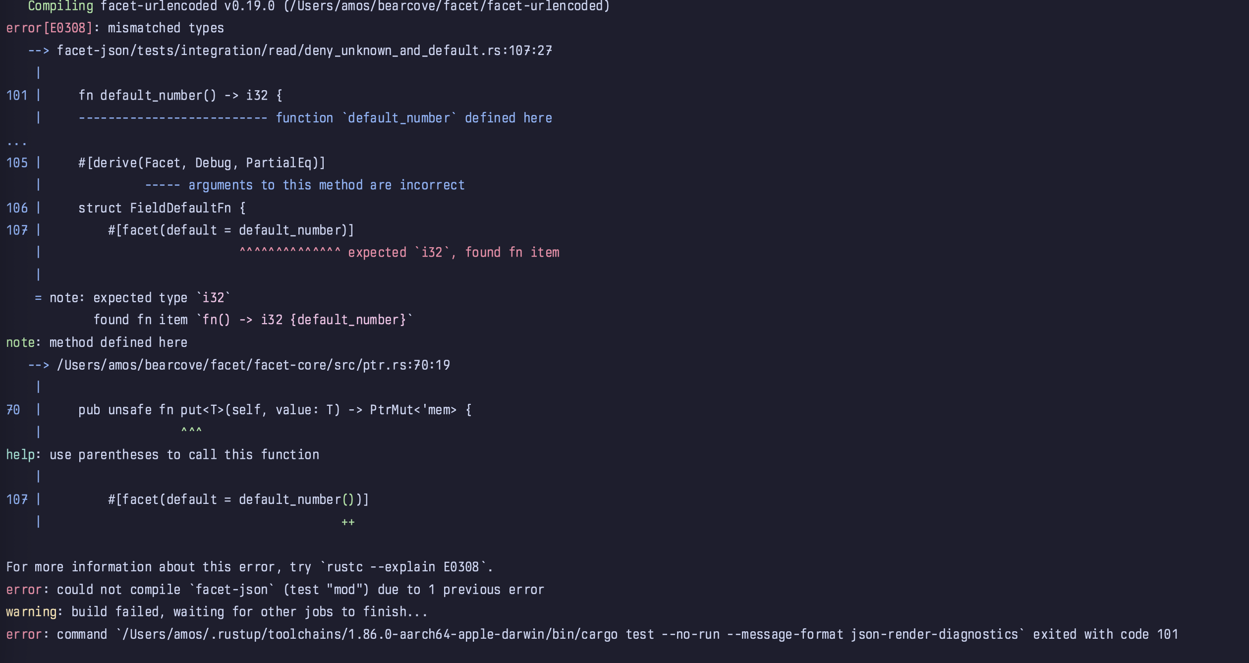 The compiler lets us know that we forgot to call default number in the expression that we assigned to default in facet(default). It suggests adding parenthesis, which is the correct fix.