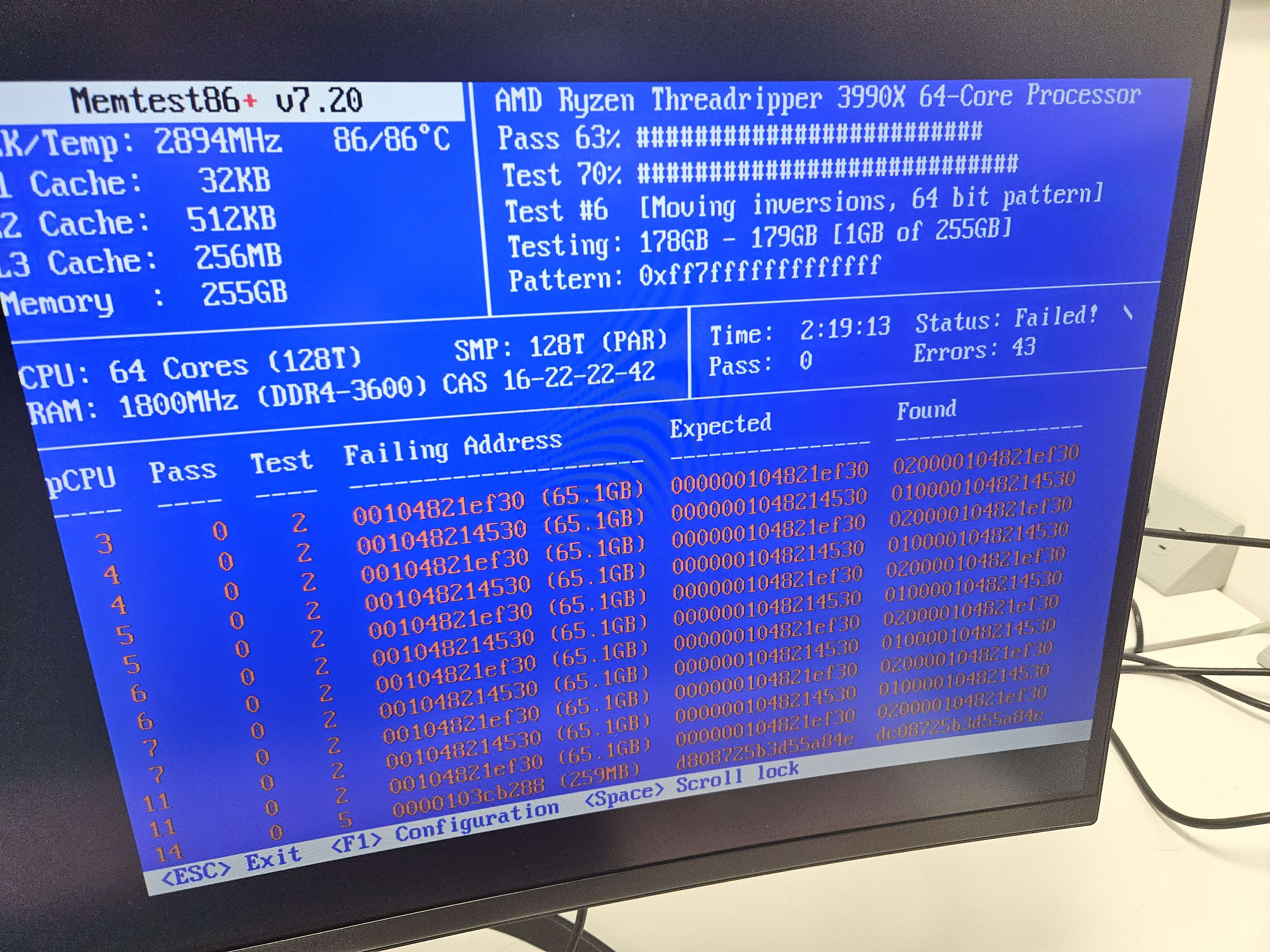 A screen displaying Memtest86+ with a list of failed memory addresses.