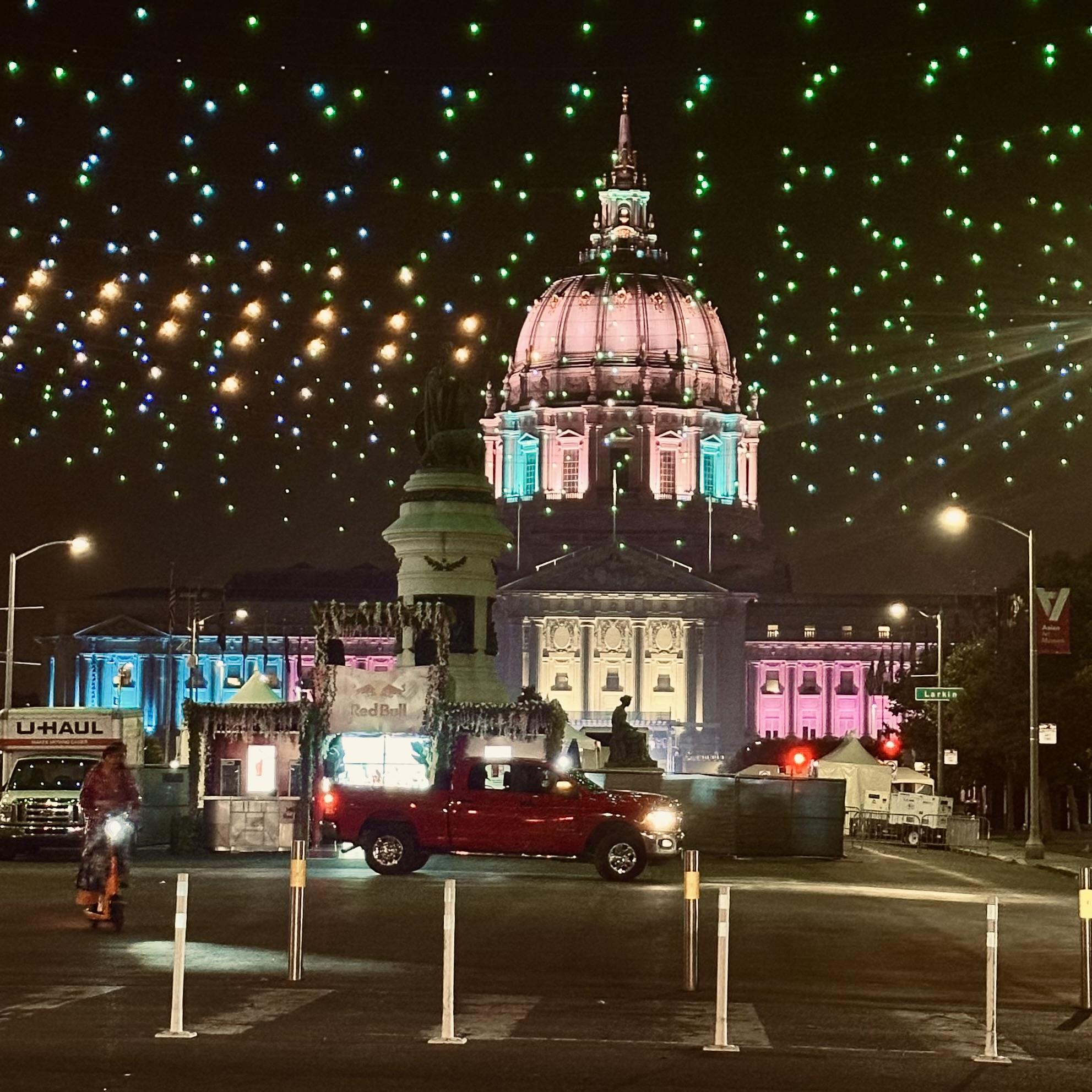 A photo of San Francisco city hall in trans colors 