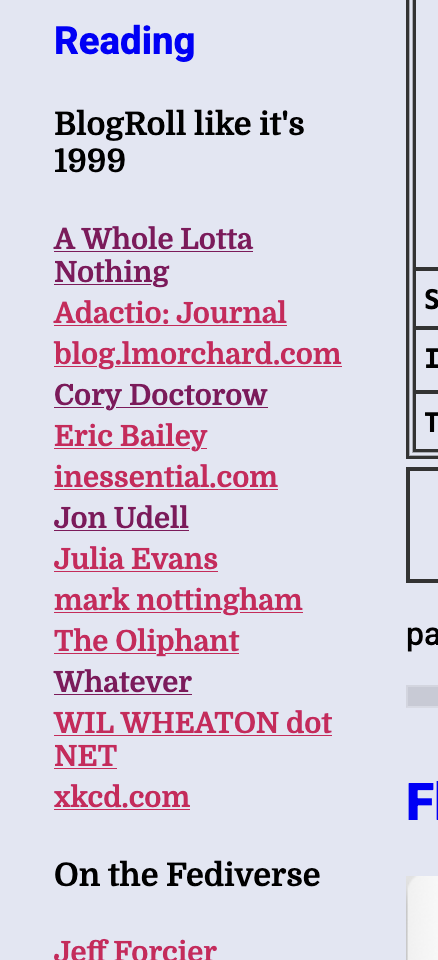 Vertical screenshot of the sidebar of my blog with a small heading in Blue that says "Reading", a smaller black heading that says "BlogRoll like it’s 1999". Underneath is a list of blogs I read, including:
A Whole Lotta Nothing
Adactio: Journal
blog.lmorchard.com
Cory Doctorow
Eric Bailey
inessential.com
Jon Udell
Julia Evans
mark nottingham
The Oliphant
Whatever
WIL WHEATON dot NET
xkcd.com