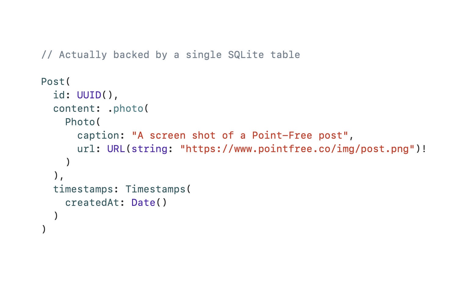 A code sample showing an instance of this table type.