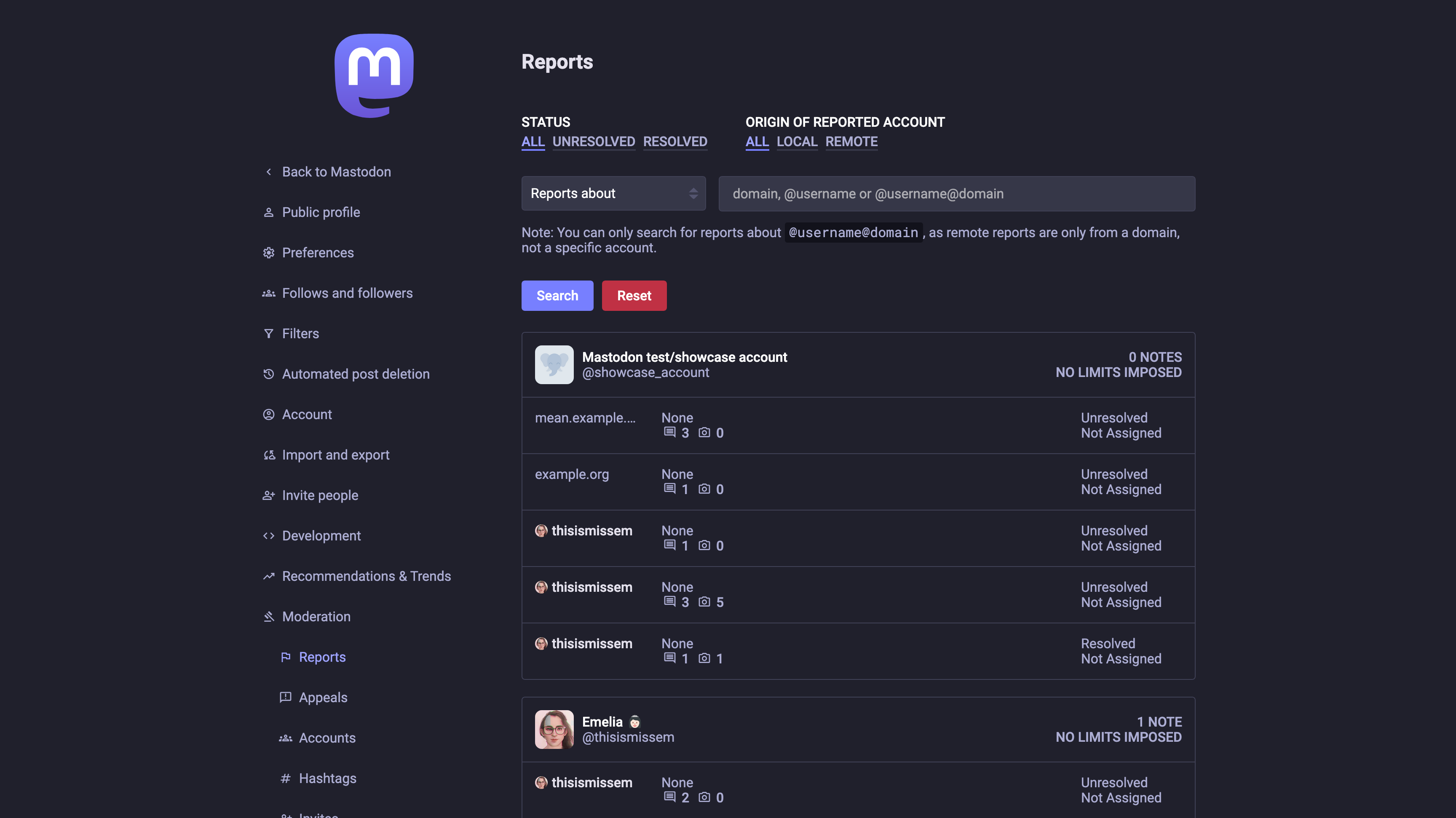 Screenshot of the redesigned report filtering in the Mastodon Moderator UI. It allows filtering for reports from or about a given domain, or reports about a given account.
It also allows viewing all the reports, not just resolved or unresolved.