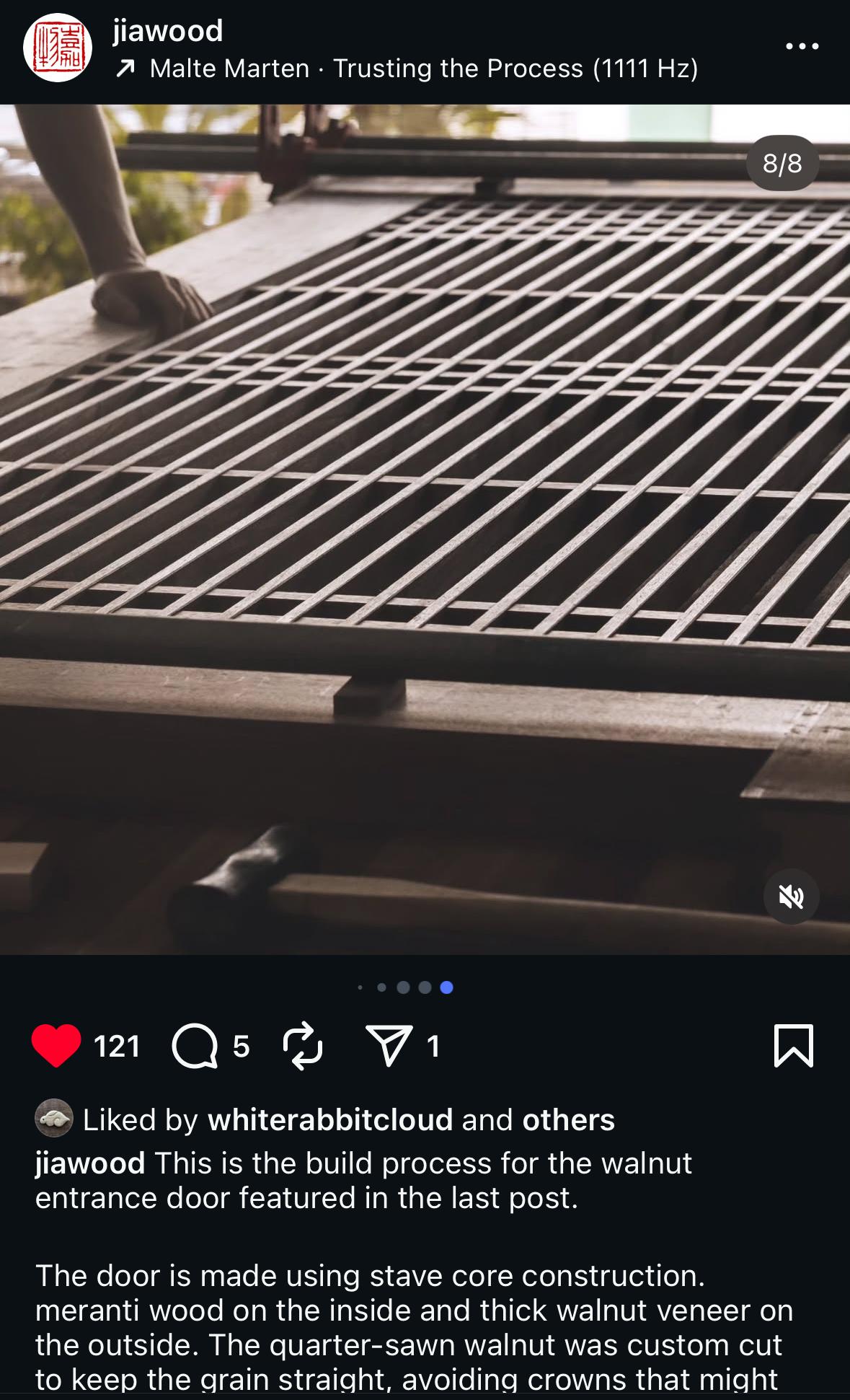 A screenshot of an Instagram post showing some incredibly  beautiful wood work by Jiawood, a Malaysian-Iranian Japanese woodworker