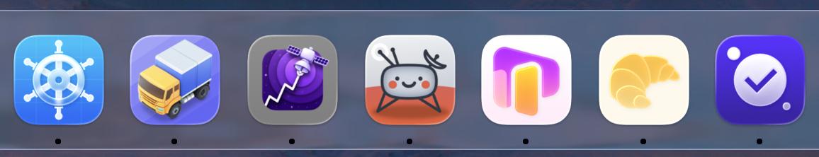Screenshot of my dock on macOS showing: Helm, Transmit, Astro, TelemetryDeck, Bezel, Croissant, Moons (time tracker)