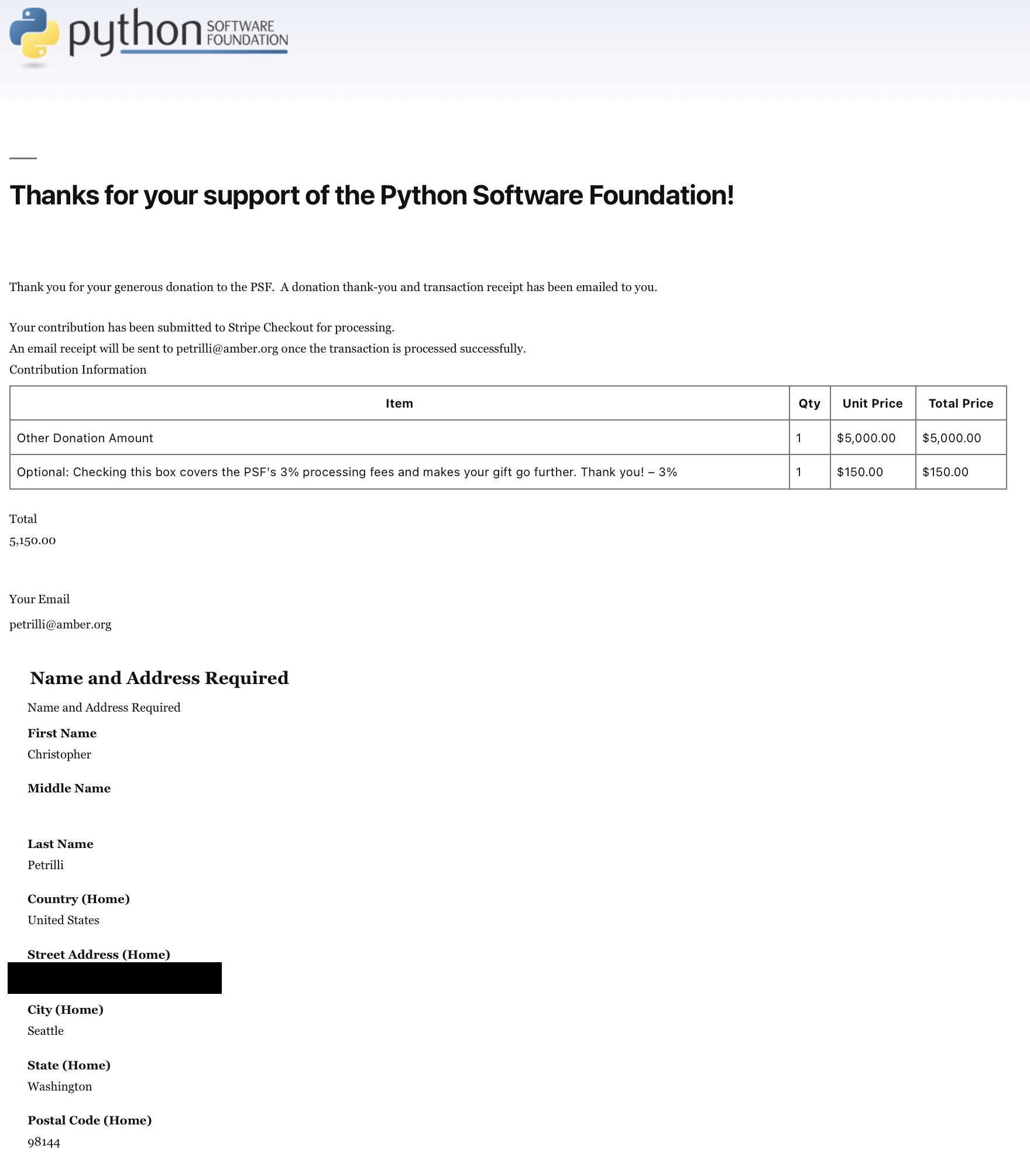 A screenshot of a donation to the Python Software Foundation for $5,000 + $150 in addition to cover fees so the entire thing is useful.