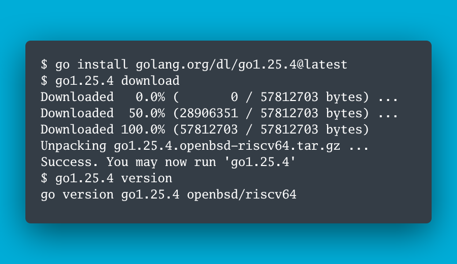 $ go install golang.org/dl/go1.25.4@latest
$ go1.25.4 download
Downloaded 0.0% ( 0 / 57812703 bytes) ...
Downloaded 50.0% (28906351 / 57812703 bytes) ...
Downloaded 100.0% (57812703 / 57812703 bytes)
Unpacking go1.25.4.openbsd-riscv64.tar.gz ...
Success. You may now run 'go1.25.4'
$ go1.25.4 version
go version go1.25.4 openbsd/riscv64