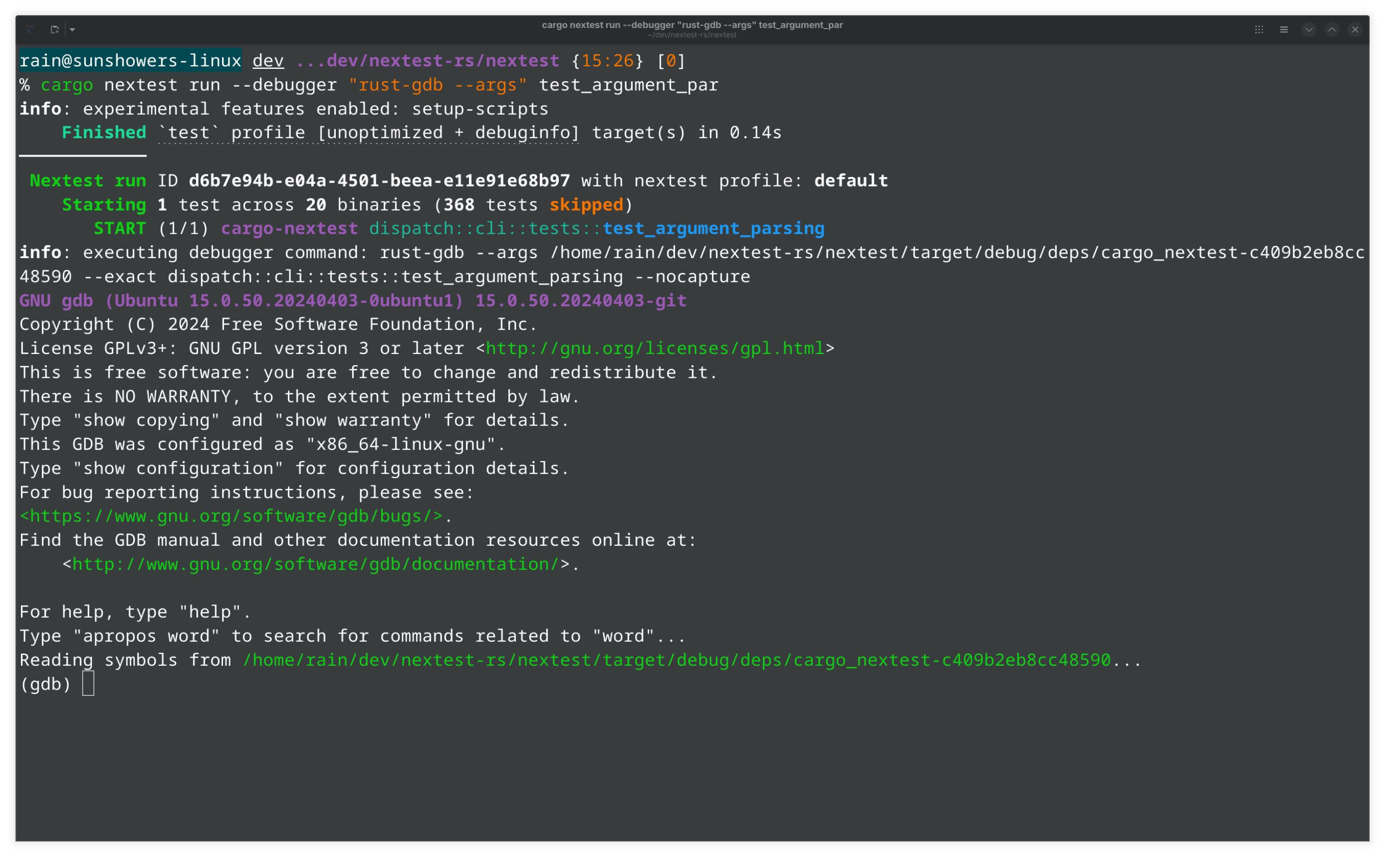 Terminal window showing cargo-nextest running a Rust test with rust-gdb debugger. The test 'test_argument_parsing' from cargo-nextest is being executed. GDB (GNU Debugger) version 15.0.50.20240403 starts up, displaying copyright information, GPL v3+ license notice, and configuration details for x86_64-linux-gnu. The debugger is reading symbols from the cargo_nextest binary in the target/debug/deps directory. The prompt shows '(gdb)' ready for debugging commands.