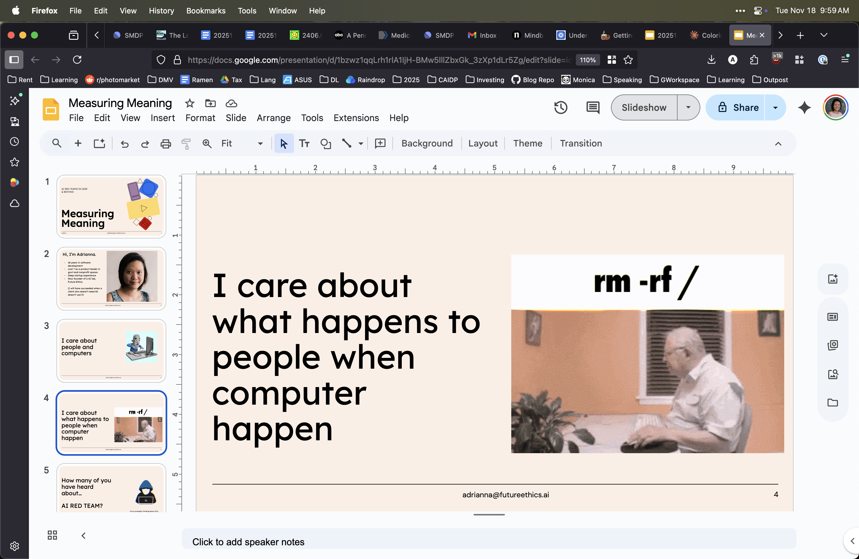 screenshot of a presentation i have that says 'i care about what happens to people when computer happen' followed by a gif that has an old man at a computer and it says rm -rf /