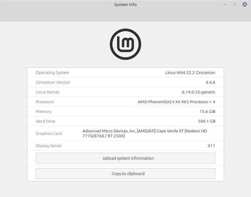 Linux Mint System Info screenshot: Linux Mint 22.2 Cinnamon running on an AMD Phenom II X4 965 four-core processor and an AMD Radeon HD 7770 GPU, 16 gigabyte of RAM, and a 500 gigabyte SSD.