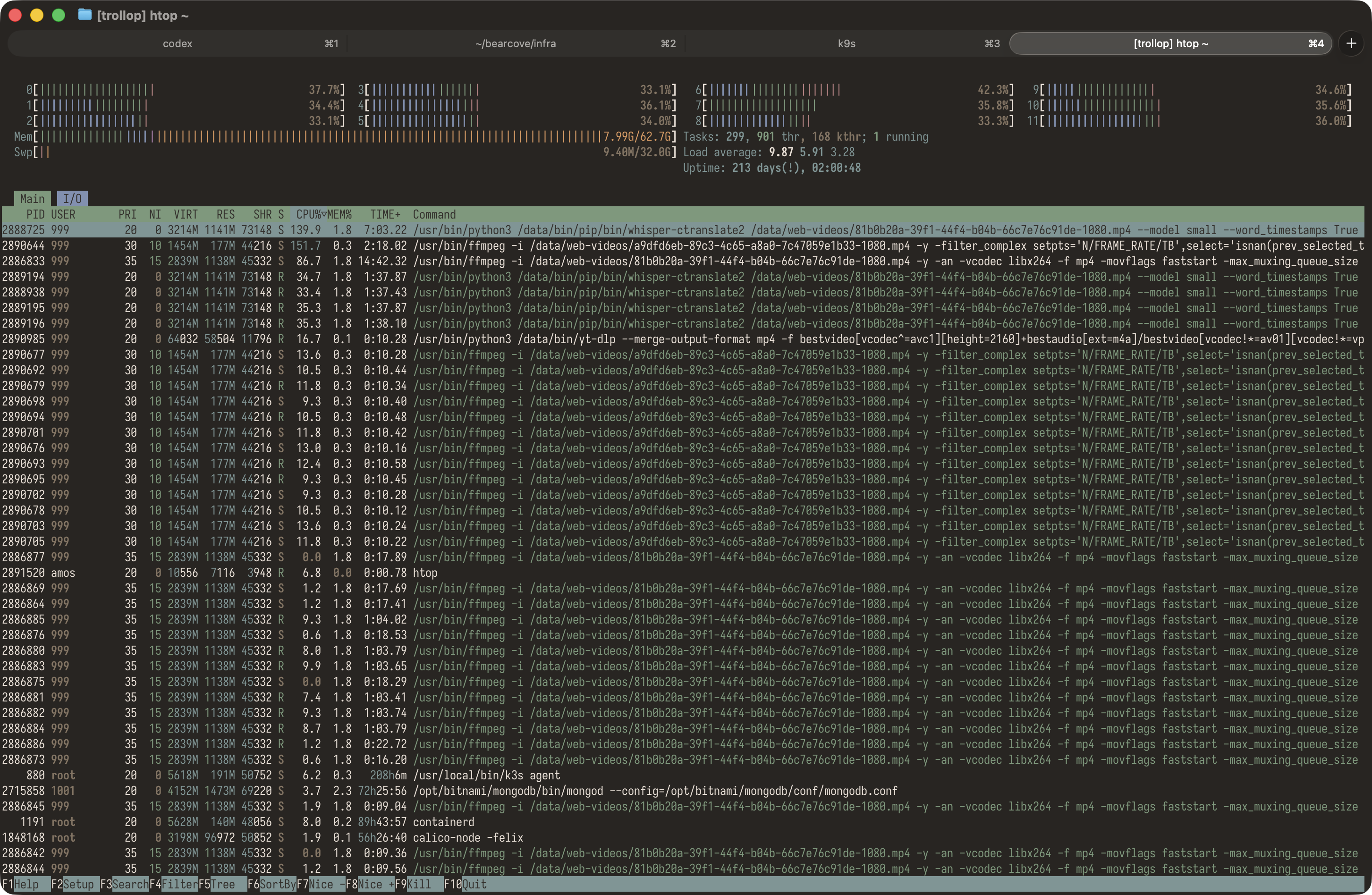screenshot of multiple terminal tabs, the active one is htop, it's showing whisper and ffmpeg stuff a lot.
