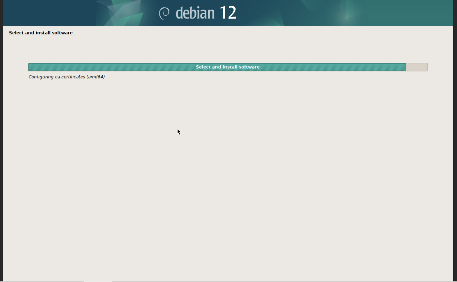 A screenshot of the Debian 12 installation interface displaying the "Select and install software" step. The progress bar shows that it is currently "Configuring ca-certificates (amd64)" with a filled portion indicating the installation progress. The background is light, and the interface features a turquoise progress bar.
