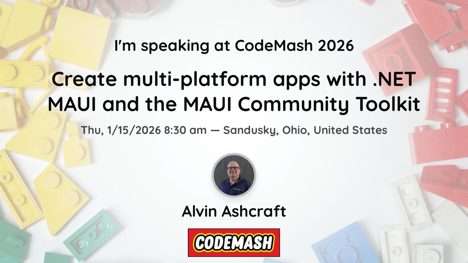 Session card for Alvin Ashcraft's CodeMash session on the .NET MAUI Community Toolkit, happening January 15th at 8:30am in Sandusky, OH.