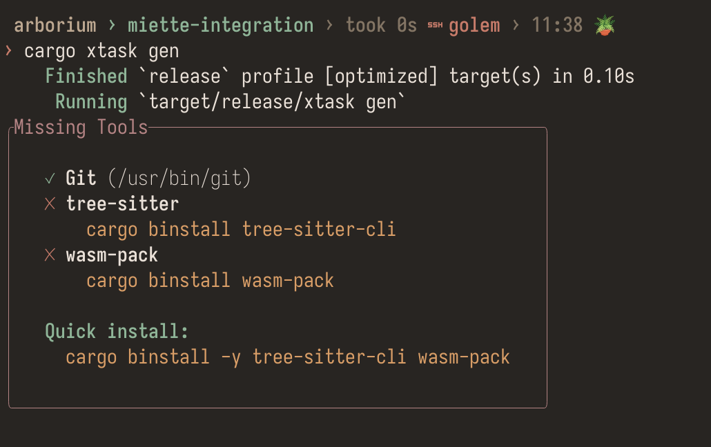 A terminal window displaying a command execution log. The output shows the completion of a command (`cargo xtask gen`) and indicates the tools that are missing. There is a checkmark next to 'Git' indicating it is installed, while 'tree-sitter' and 'wasm-pack' are marked with an 'X' indicating they are missing, along with commands to install them. A section labeled