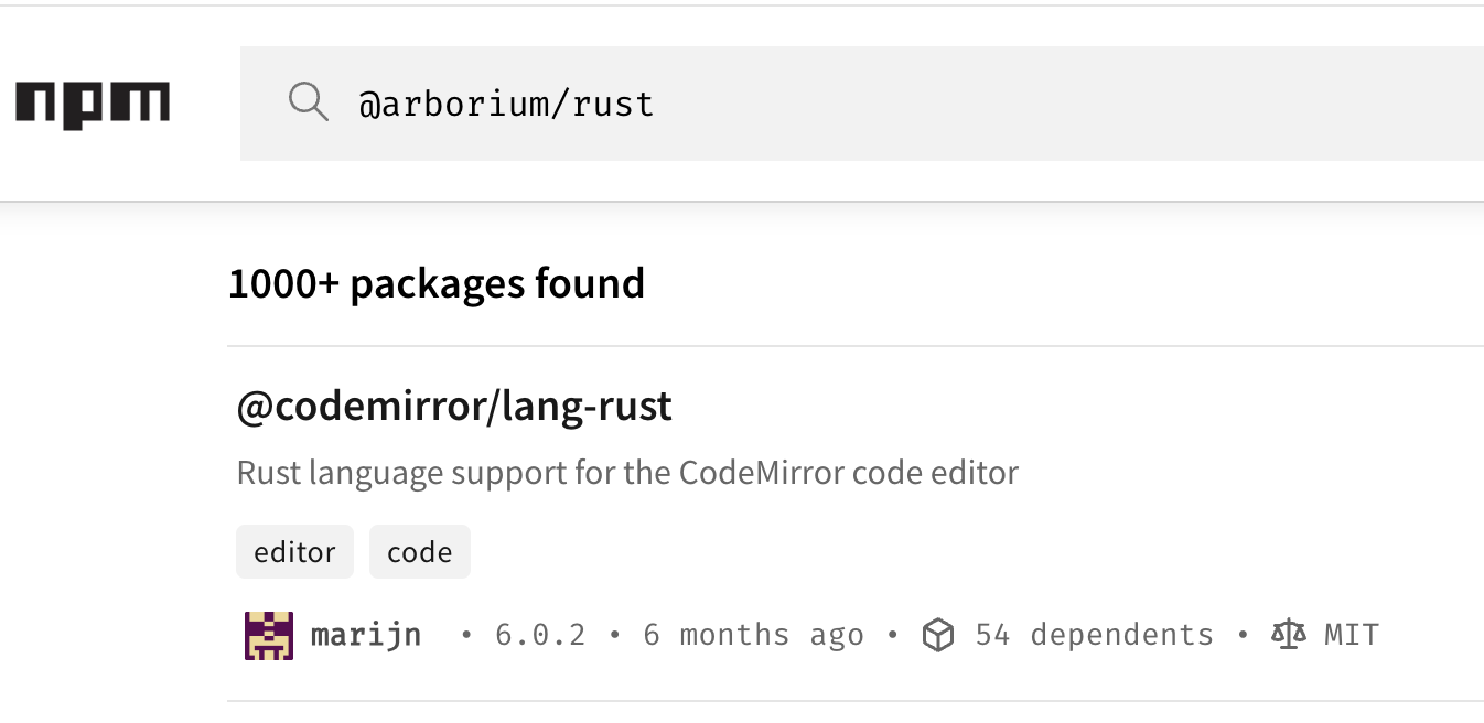 when searching for @arborium/rust on npm the top result is @codemirror/lang-rust