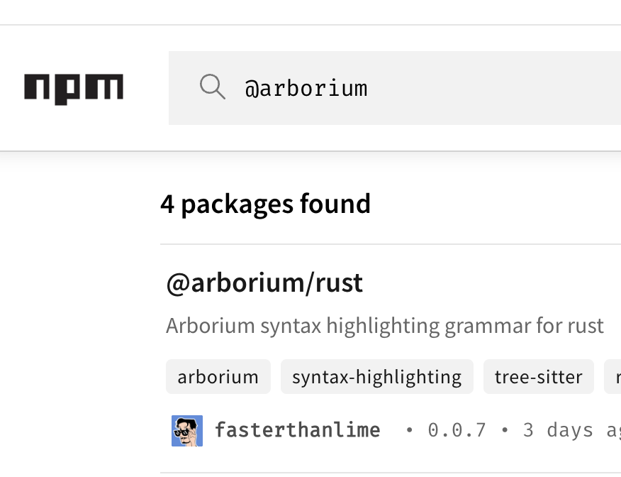 when searching for @arborium on npm, the top result is @arborium/rust