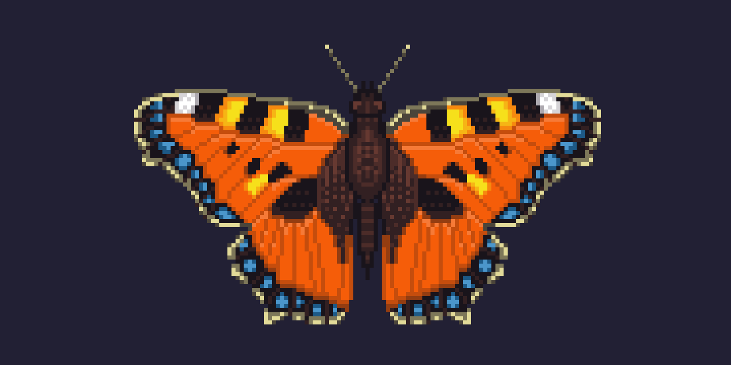A pixelated image of a small tortoiseshell butterfly; orange wings with yellow, white and black stripes in the front, blue blotches along the sides and rear.