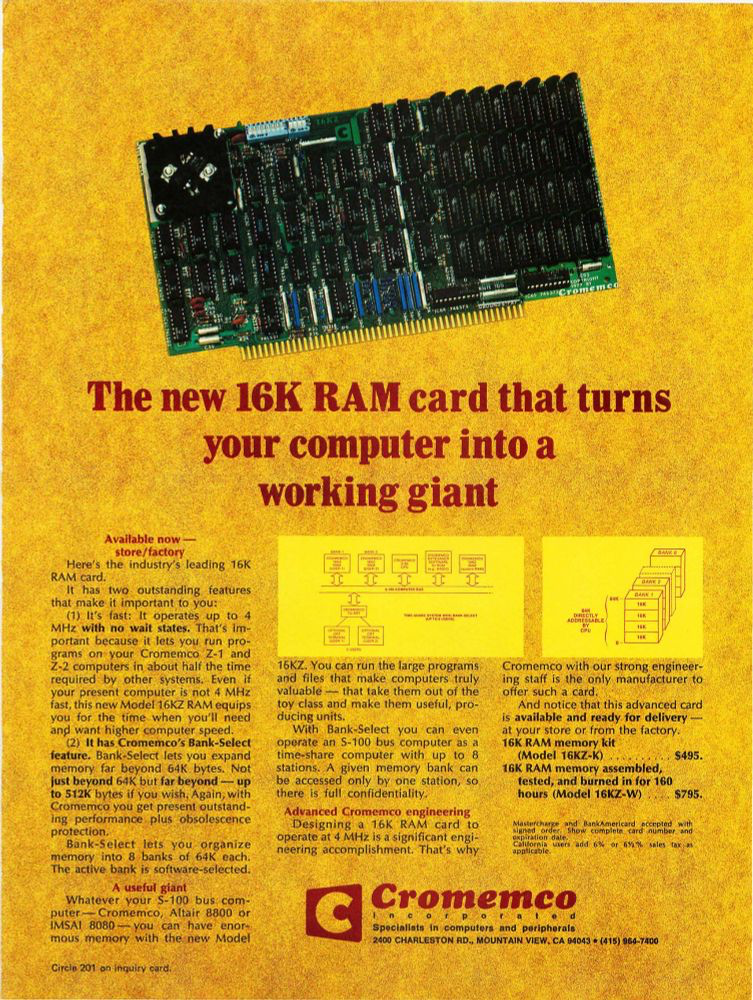 Ad for a 16K Cromemco memory card from 1976, list price $795 for an assembled version (at the time people often bought components in kit form, for self-soldering)