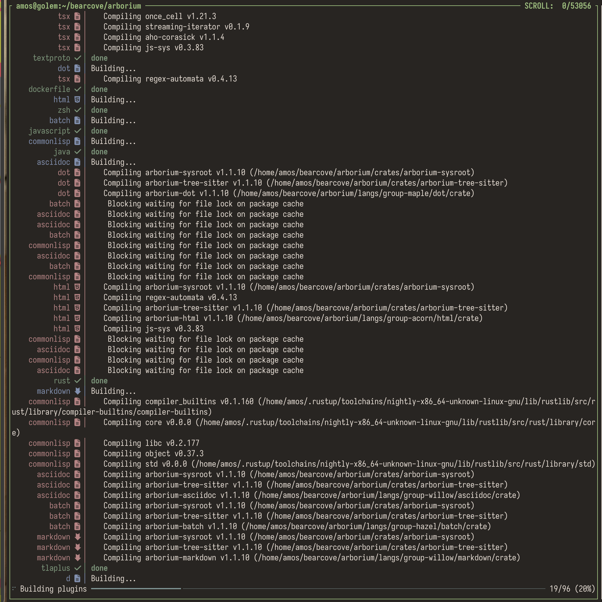 The build process for Arborium, which shows right aligned language names with different colors, depending on which stage of the thing they're at. And icons for the various languages using nerd fonts. And then a separator and then a line. And there's a progress bar at the bottom.