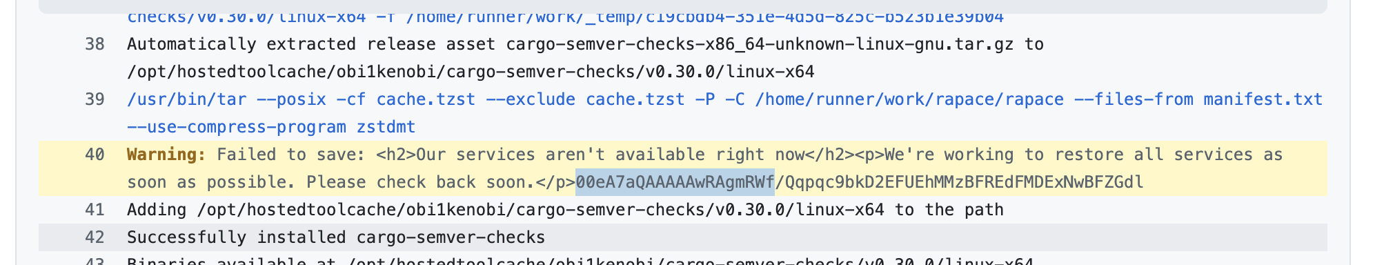 Build warning that says: "Failed to save. Our services aren't available right now. We're working to restore all services as soon as possible. Please check back soon."
And then like a reference thing that looks like base64 but isn't because there's a slash in the middle.