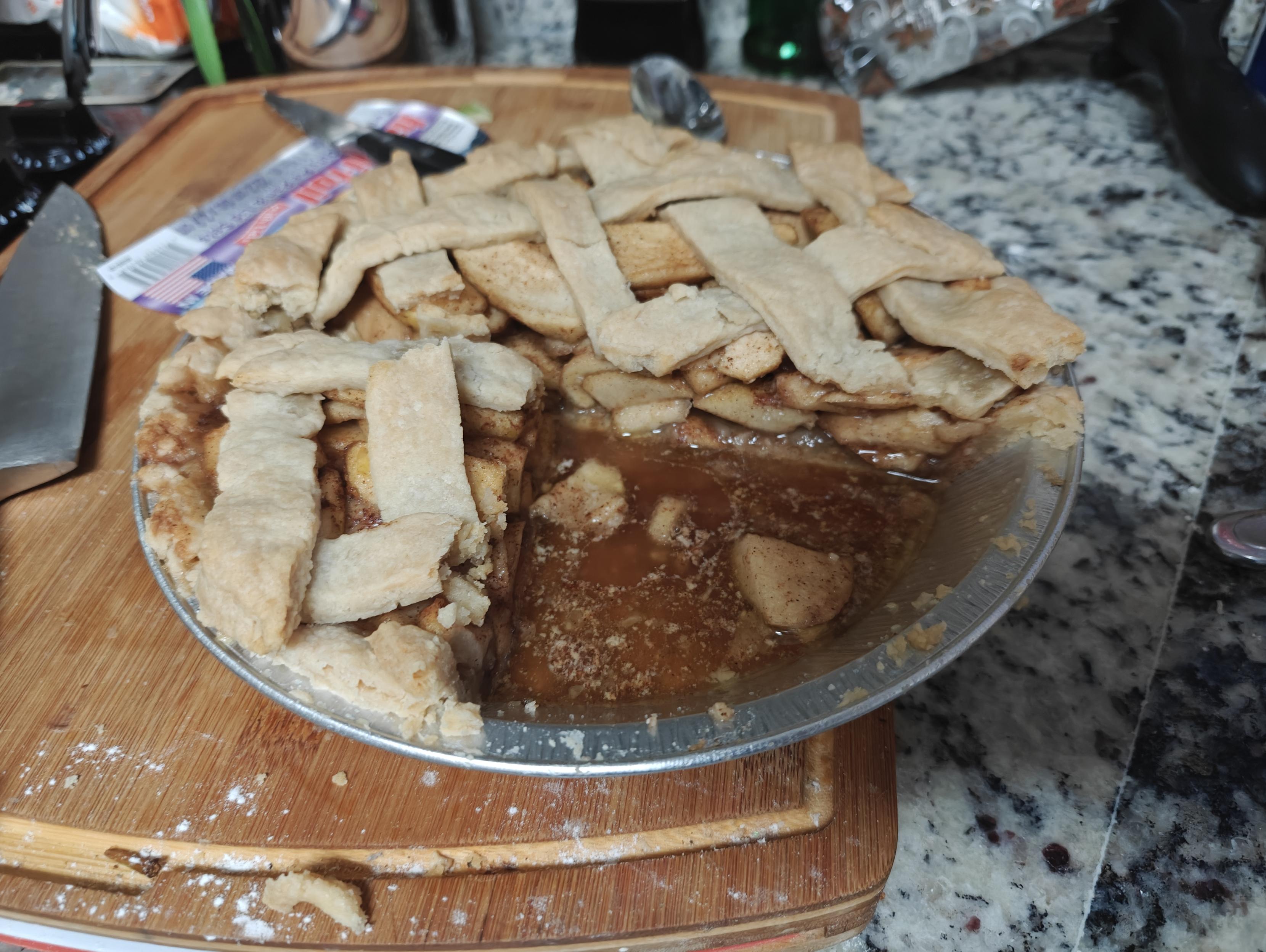 3/4ths of a homemade apple pie, in a disposable pie tin. It's kind of sloppy, and the filling came out a little watery, and it was still delicious