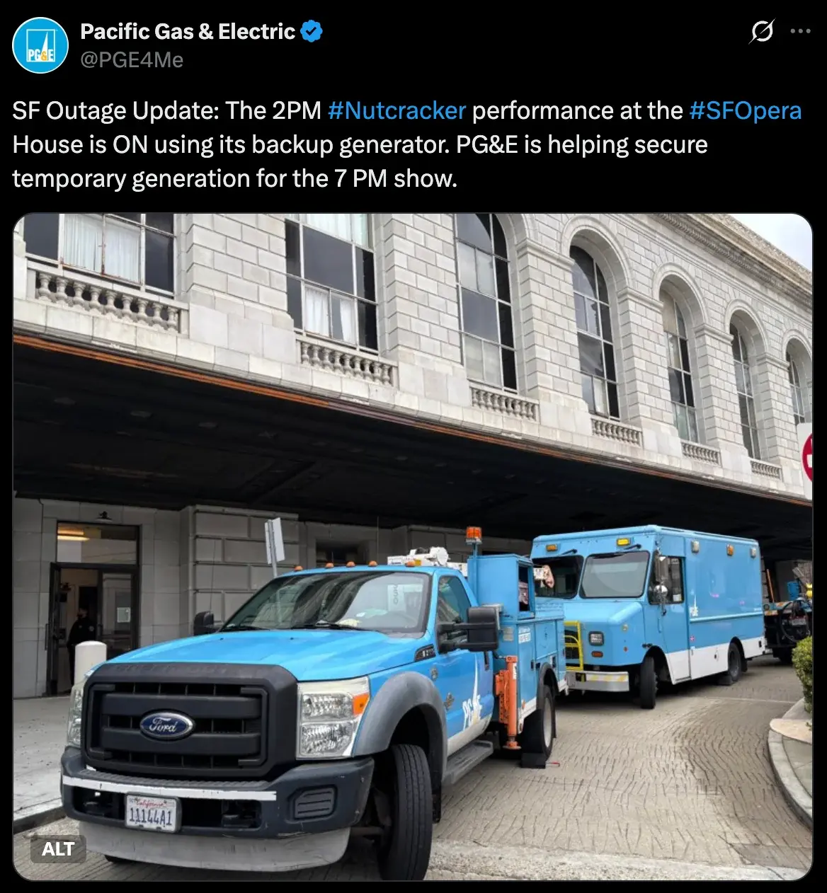 A screenshot of PG&E talking about how they’re working hard to ensure the Nutcracker at the Opera House has power 