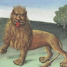 A lion painted by someone who's never seen a lion. It has a square human-like head and more of a beard than a mane.