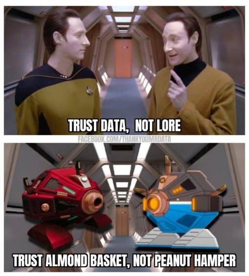2 panel picture with Data & Lore above, and Exocomps Almond basket & Peanut hamper below, with captions: "Trust Data, not Lore" & "Trust Almond basket, not Peanut hamper"