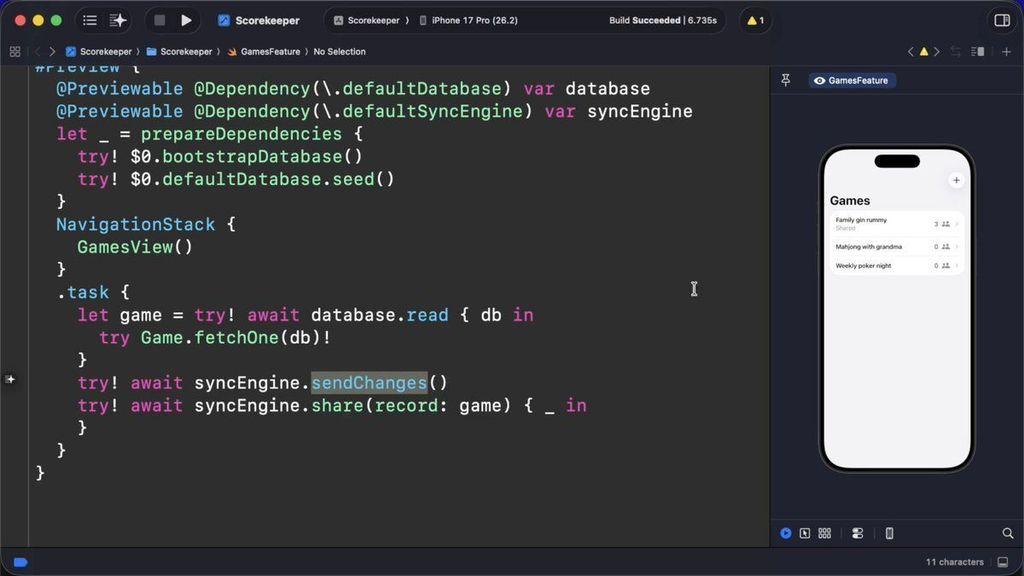 Code screenshot showing @Previewable dependencies and syncEngine.sendChanges
