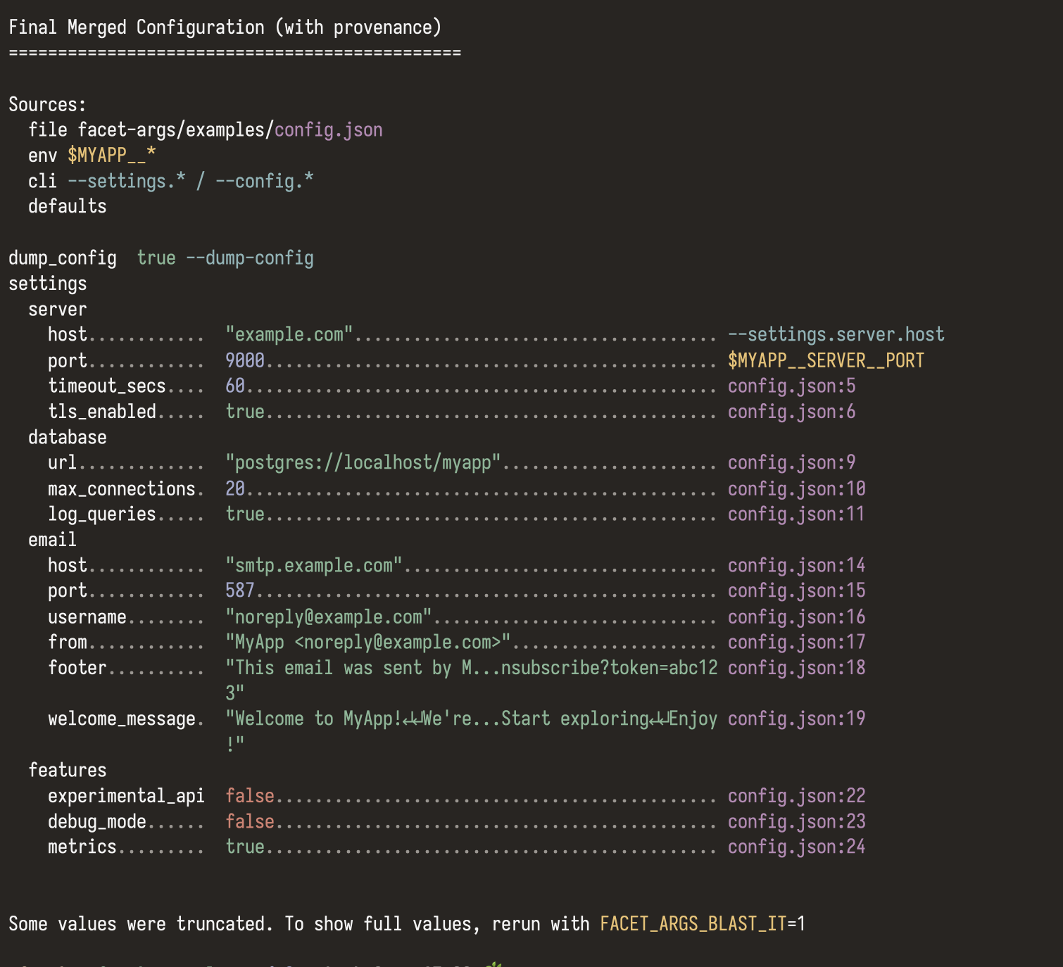 facet-args output showing where a full config was parsed from