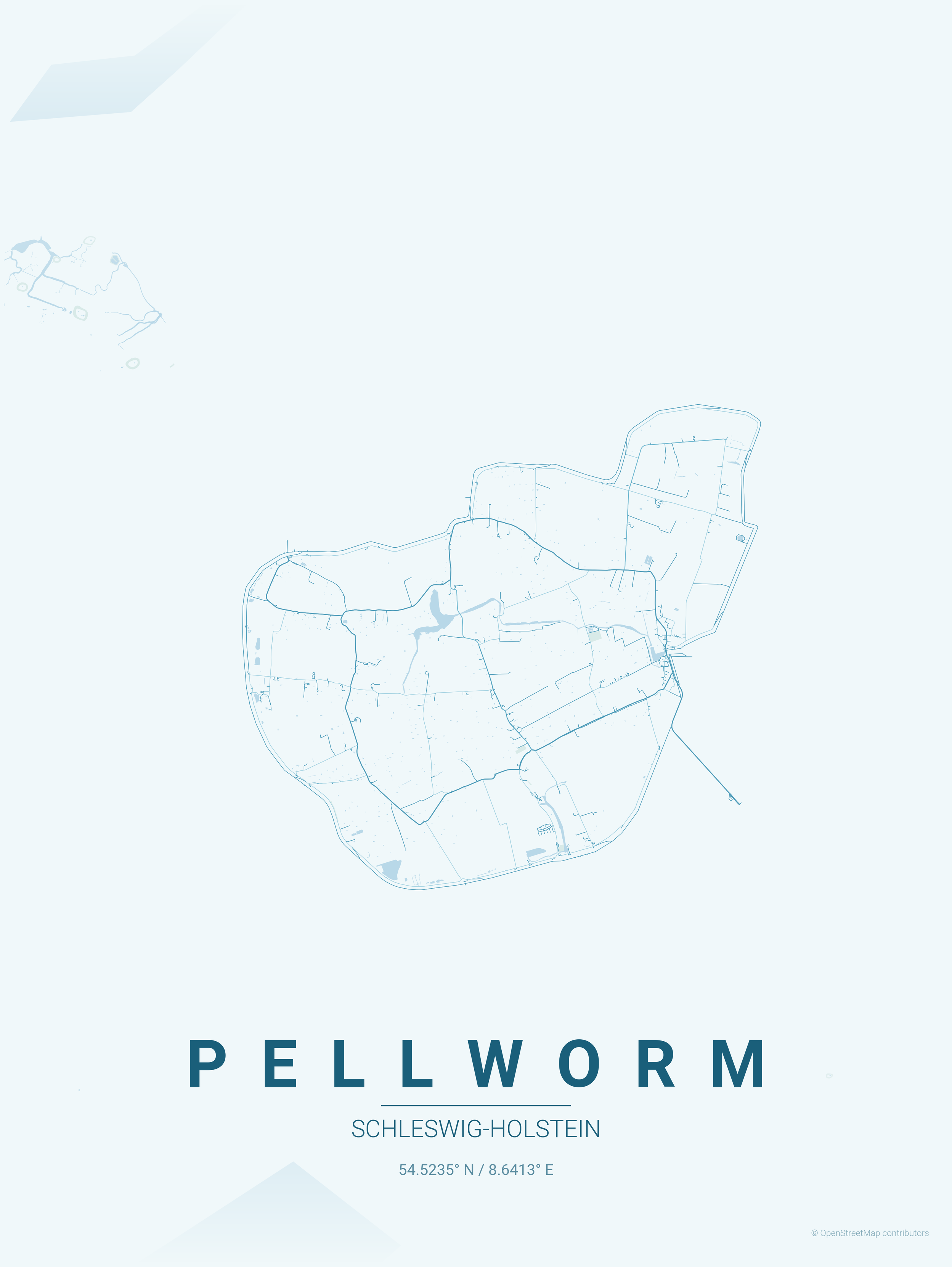 Karte mit dem Text Pellworm und kleiner Schleswig-Holstein. Farblich sind vor allem die Straßen zu sehen und viele blautöne