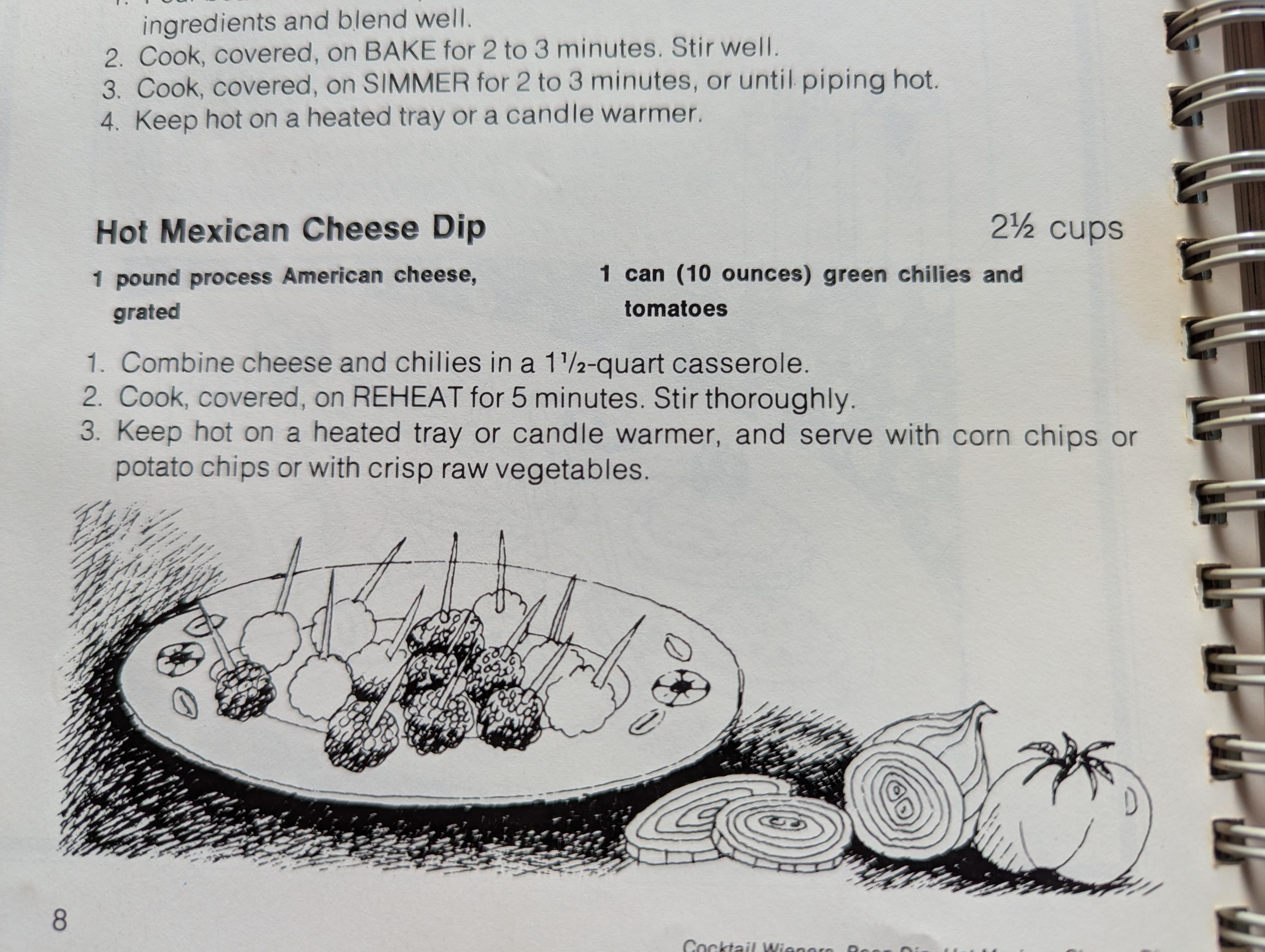 A "Hot Mexican Cheese Dip" made by microwaving a pound of Velveeta with a can of tomatoes