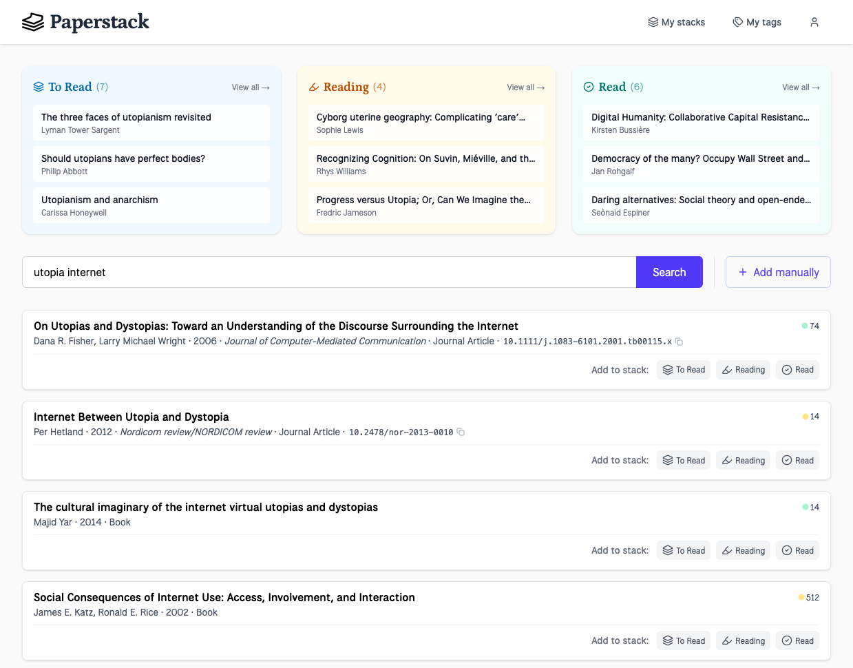 Screenshot of Paperstack showing three columns: To Read (7 papers), Reading (4), and Read (6). Below is a search bar with results for "utopia internet" showing academic papers with citation counts and buttons to add them to each stack.