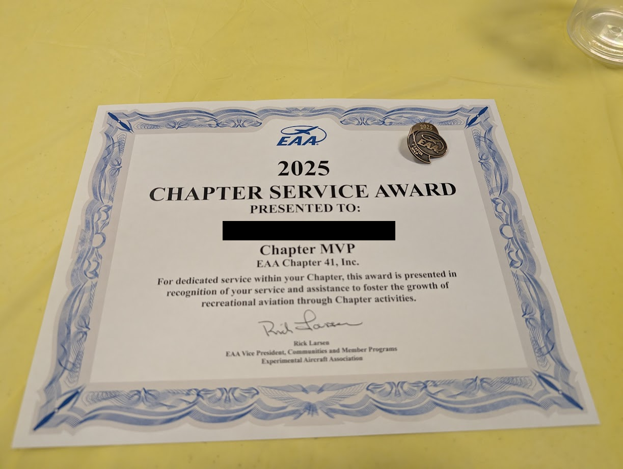 A chapter service award for 2025 issued to the "chapter MVP" and a pin. It was awarded to me, much to my surprise.