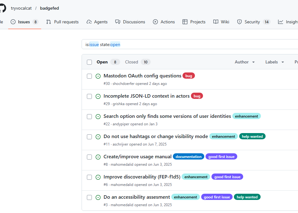 a screenshot of the github issues with colorful labels