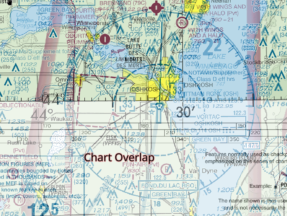 Two FAA charts overlaid with one transparent. The airport is bisected by a chart margin on one chart but not the other.