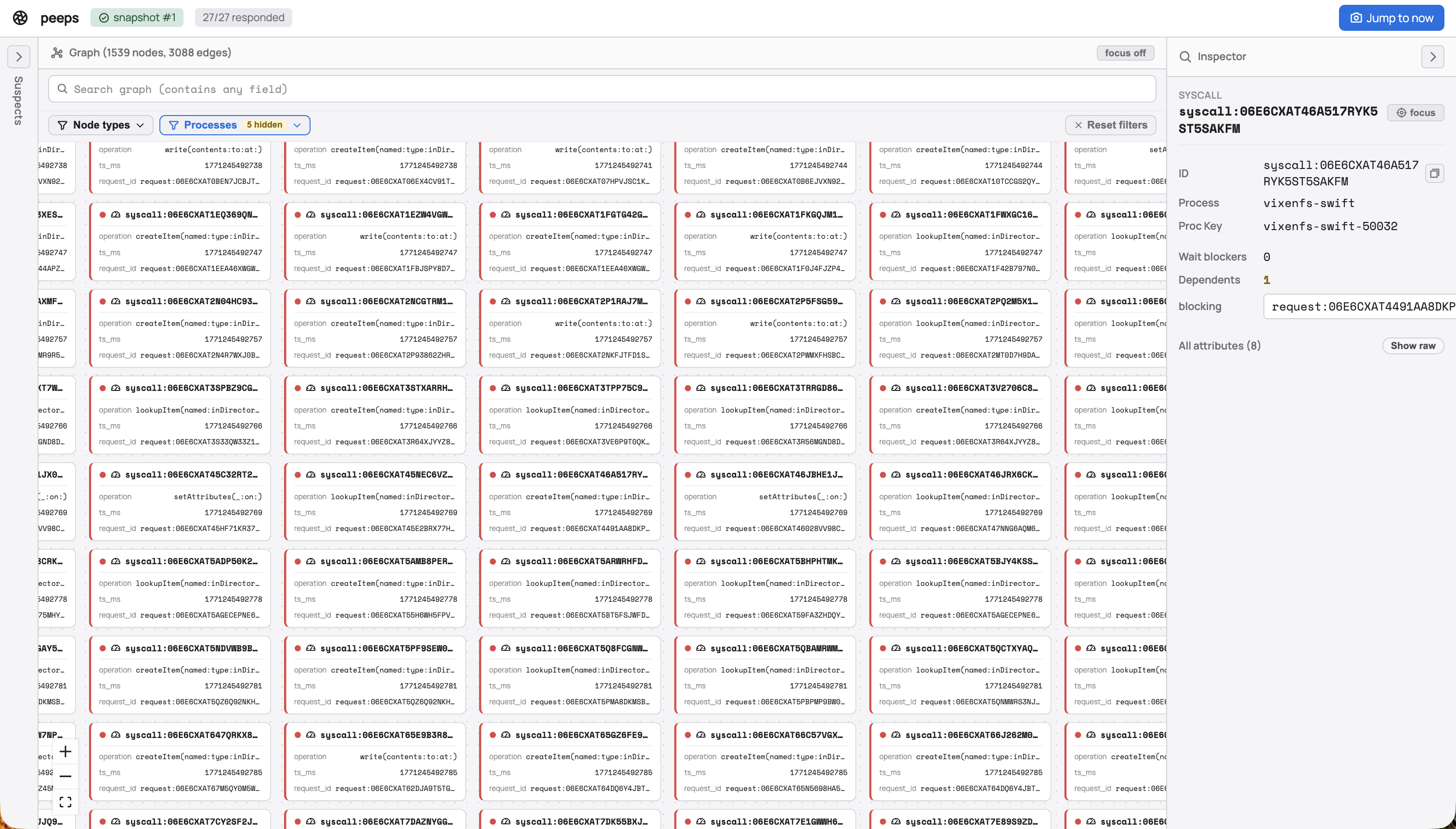 a list of all the syscalls my program has made. it's overwhelming. it's in a web interface called peeps. there's a graph node, an inspector tab.