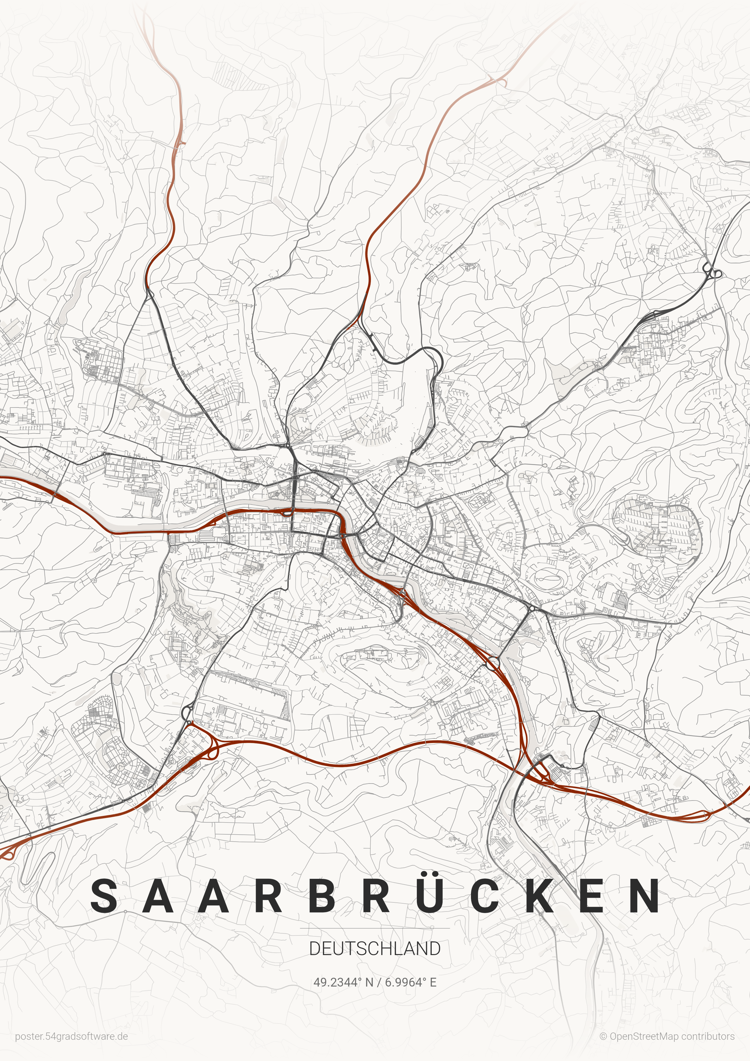 Eine Karte von Saarbrücken wo die Straßen in einem hellen grau/schwarz/rot sind und der Hintergrund in weiß. 