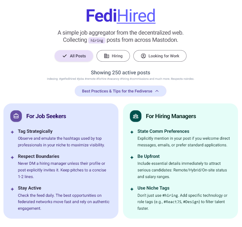 A screenshot of the FediHired website showing a newly designed "Best Practices & Tips" section. It features two pastel-colored cards with rounded corners. The left purple card lists tips for Job Seekers (Tag strategically, respect boundaries, stay active). The right mint-green card lists tips for hiring managers (state comm preferences, be upfront, use niche tags)