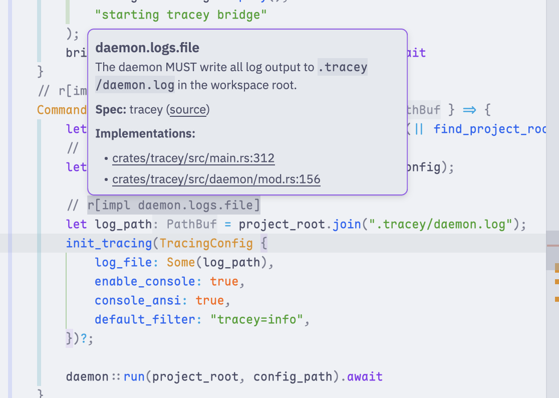 I'm in my text editor, looking at some Rust code, hovering a rule, the rule is named daemon.logs.file. It says the daemon must provide all log output to .tracy/daemon.log in the workspace root.