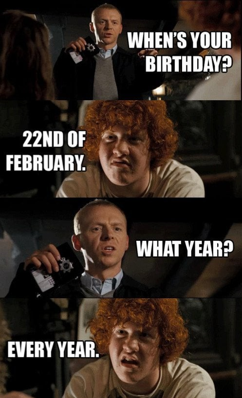 4 still-frames from HOT FUZZ, Nicholas Angel questions a young patron in a bar. 

"When's your birthday?"
"22nd of February"
"What year?"
"Every year"